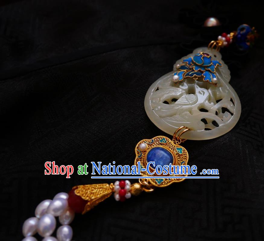 Chinese Classical Cheongsam Jade Carving Cucurbit Brooch Traditional Hanfu Accessories Handmade Breastpin Pearls Tassel Pendant for Women