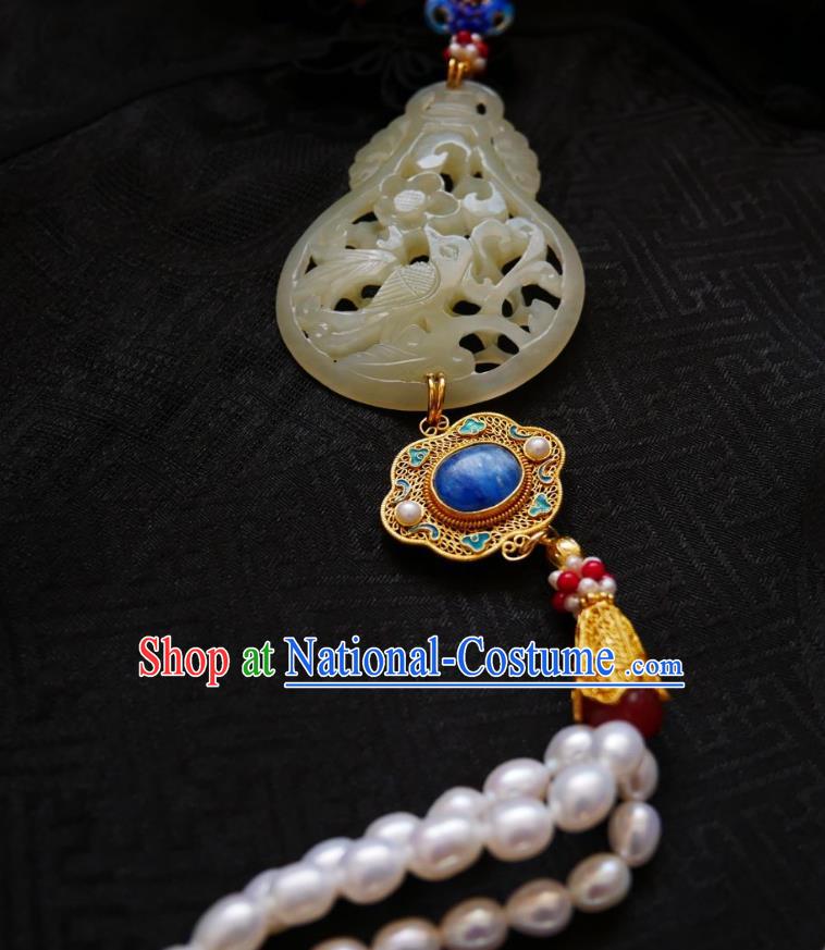 Chinese Classical Cheongsam Jade Cucurbit Brooch Traditional Hanfu Accessories Handmade Breastpin Pearls Tassel Pendant for Women