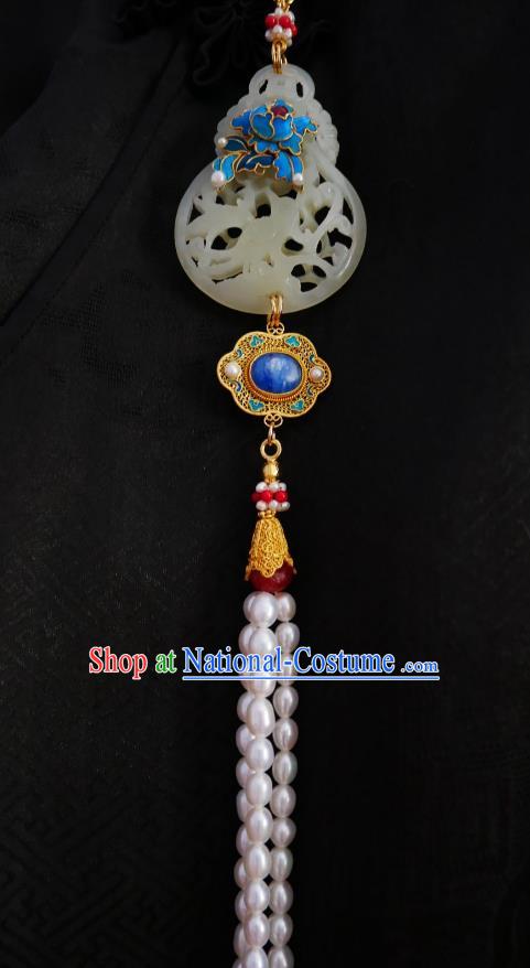 Chinese Classical Cheongsam Jade Cucurbit Brooch Traditional Hanfu Accessories Handmade Breastpin Blue Peony Pearls Tassel Pendant for Women