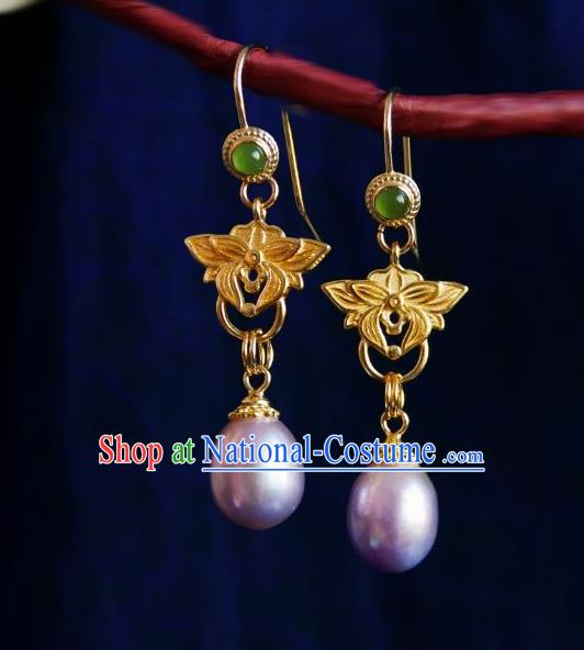 Chinese Handmade Golden Earrings Traditional Hanfu Ear Jewelry Accessories Ancient Princess Pearl Eardrop for Women