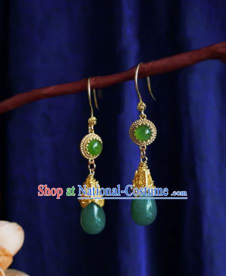 Chinese Handmade Green Stone Earrings Traditional Hanfu Ear Jewelry Accessories Ancient Princess Eardrop for Women