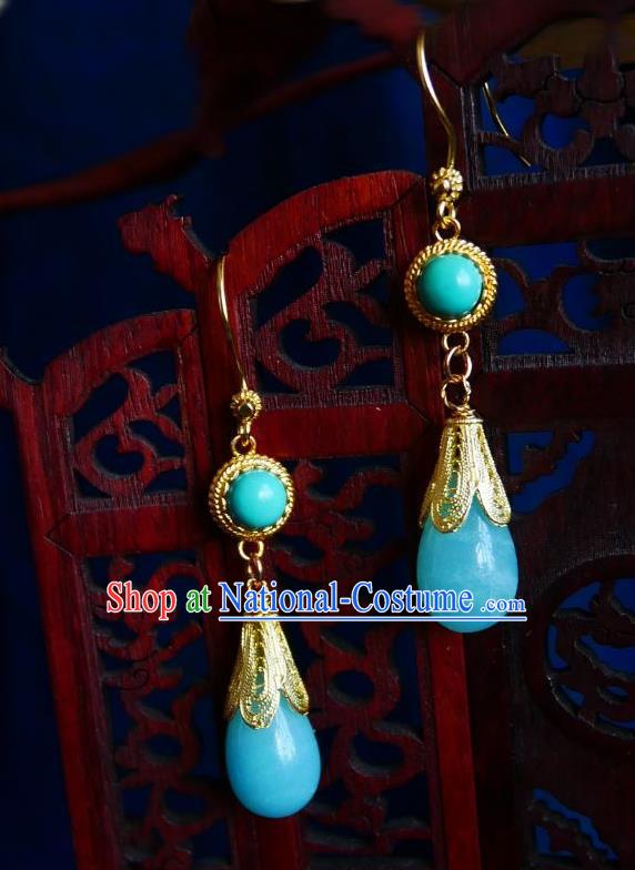 Chinese Handmade Blue Stone Earrings Traditional Hanfu Ear Jewelry Accessories Ancient Princess Eardrop for Women