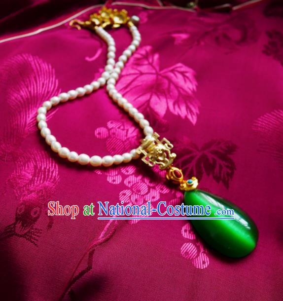 Chinese Handmade Pearls Necklace Traditional Hanfu Jewelry Accessories Green Opal Necklet for Women