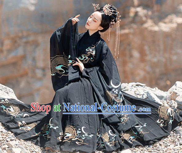 Chinese Ancient Jin Dynasty Palace Lady Black Garment Traditional Royal Princess Embroidered Hanfu Costumes Cloak Blouse and Pleated Skirt Full Set