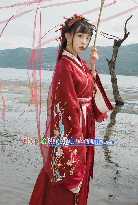 Chinese Jin Dynasty Wedding Garment Traditional Ancient Royal Princess Hanfu Costumes Embroidered Red Blouse and Skirt Full Set