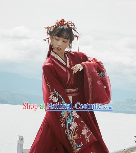 Chinese Jin Dynasty Wedding Garment Traditional Ancient Royal Princess Hanfu Costumes Embroidered Red Blouse and Skirt Full Set