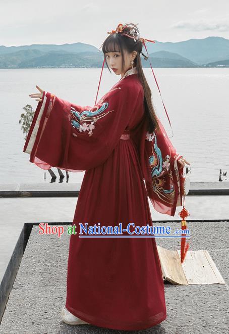 Chinese Jin Dynasty Wedding Garment Traditional Ancient Royal Princess Hanfu Costumes Embroidered Red Blouse and Skirt Full Set