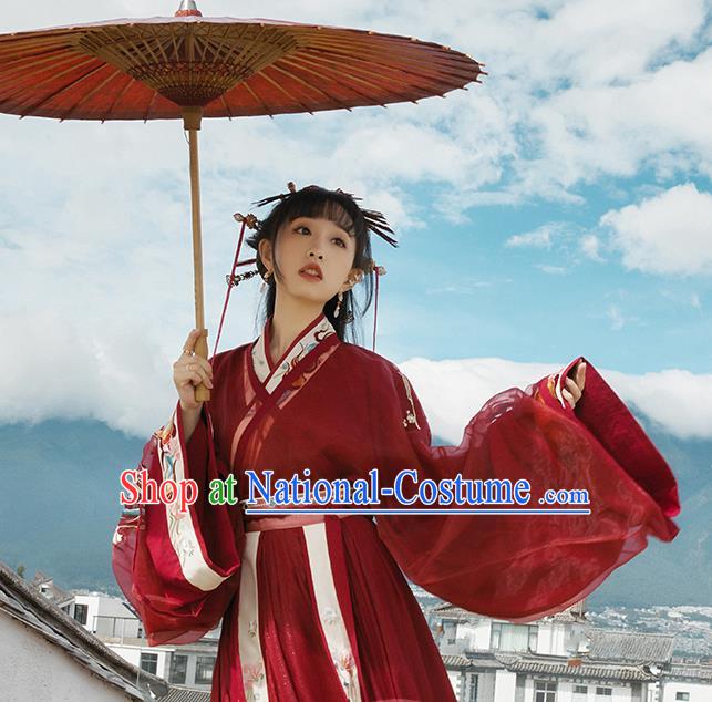 Chinese Jin Dynasty Wedding Garment Traditional Ancient Royal Princess Hanfu Costumes Embroidered Red Blouse and Skirt Full Set