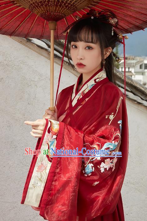 Chinese Jin Dynasty Wedding Garment Traditional Ancient Royal Princess Hanfu Costumes Embroidered Red Blouse and Skirt Full Set