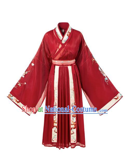 Chinese Jin Dynasty Wedding Garment Traditional Ancient Royal Princess Hanfu Costumes Embroidered Red Blouse and Skirt Full Set