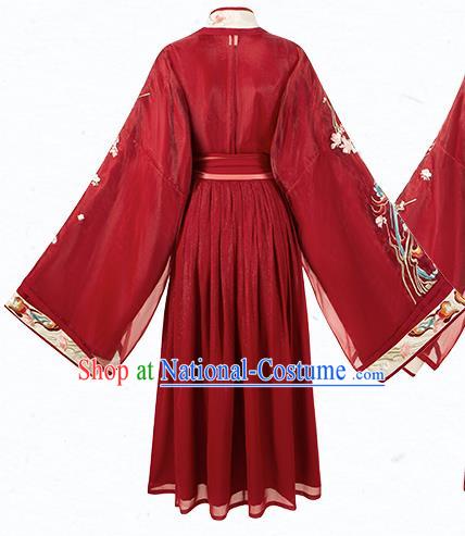 Chinese Jin Dynasty Wedding Garment Traditional Ancient Royal Princess Hanfu Costumes Embroidered Red Blouse and Skirt Full Set