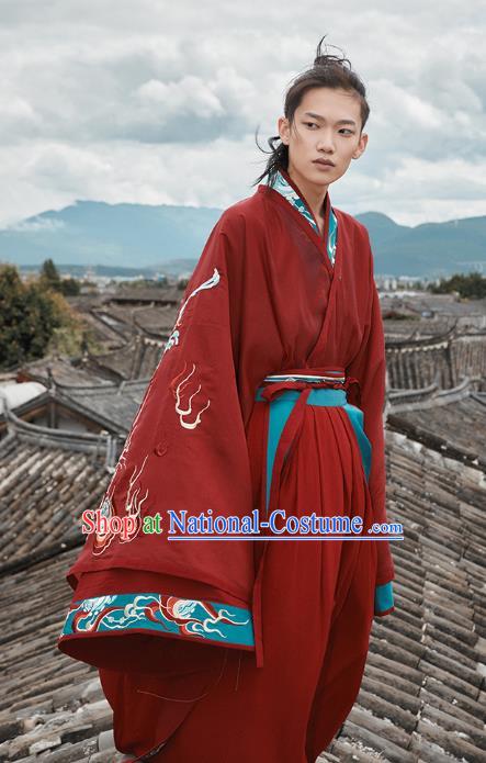 Chinese Jin Dynasty Prince Garment Traditional Ancient Noble Childe Hanfu Costumes Embroidered Wedding Red Blouse and Skirt for Men