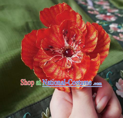 Handmade Chinese Red Silk Flower Hairpins Traditional Hanfu Hair Accessories Ancient Song Dynasty Court Hair Clip for Women