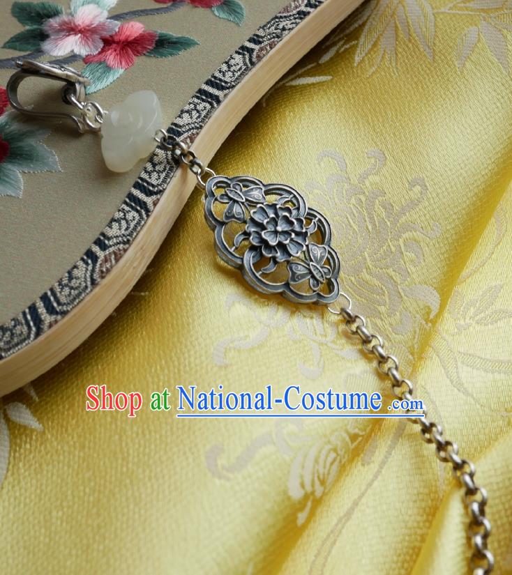 Chinese Classical Cheongsam Silver Carving Flower Brooch Traditional Hanfu Accessories Handmade Tassel Breastpin Pendant for Women