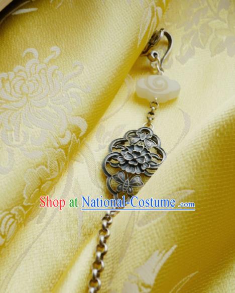 Chinese Classical Cheongsam Silver Carving Flower Brooch Traditional Hanfu Accessories Handmade Tassel Breastpin Pendant for Women