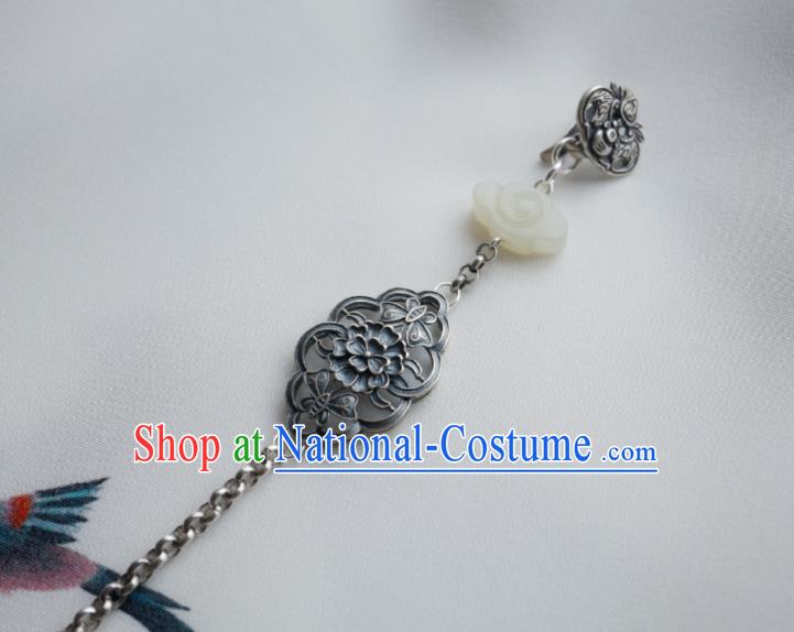 Chinese Classical Cheongsam Silver Carving Flower Brooch Traditional Hanfu Accessories Handmade Tassel Breastpin Pendant for Women