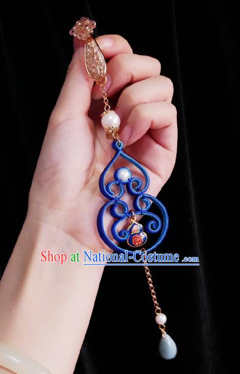 Chinese Classical Cheongsam Blue Silk Cucurbit Brooch Traditional Hanfu Accessories Handmade Aventurine Tassel Breastpin Pendant for Women