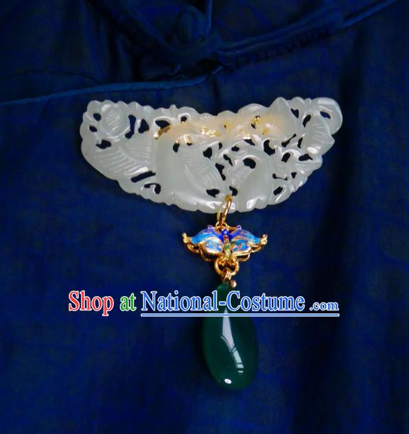 Chinese Classical Cheongsam Jade Brooch Traditional Hanfu Accessories Handmade Cloisonne Butterfly Breastpin Pendant for Women