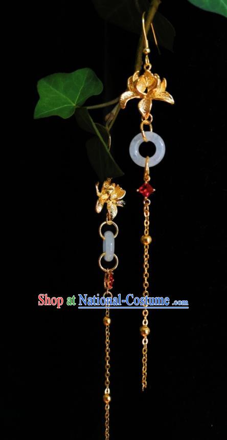 Chinese Handmade Golden Lotus Earrings Traditional Hanfu Ear Jewelry Accessories Jade Ring Tassel Eardrop for Women