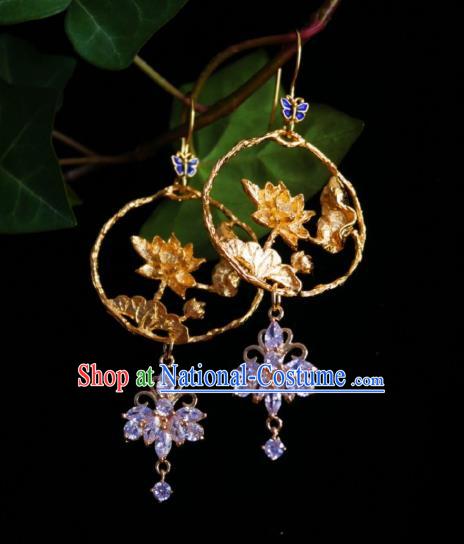 Chinese Handmade Amethyst Earrings Traditional Hanfu Ear Jewelry Accessories Golden Lotus Eardrop for Women