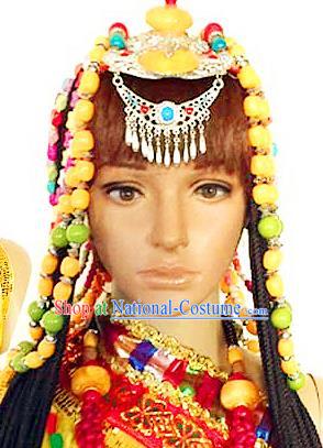 Chinese Traditional Tibetan Nationality Young Lady Hair Clasp Decoration Handmade Zang Ethnic Headdress Beads Tassel Hair Accessories for Women