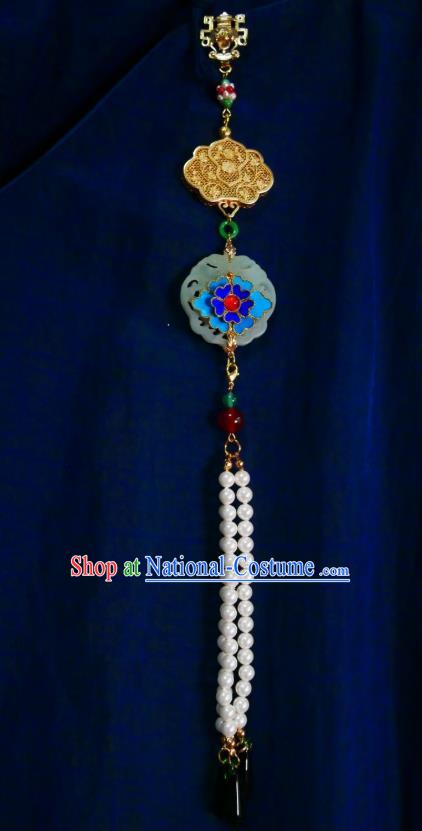 Chinese Classical Jade Brooch Traditional Hanfu Cheongsam Accessories Handmade Cloisonne Flower Tassel Breastpin Pendant for Women