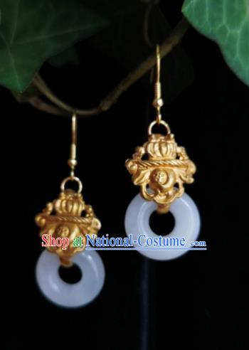 Chinese Handmade Qing Dynasty White Jade Ring Ring Earrings Traditional Hanfu Ear Jewelry Accessories Classical Court Golden Eardrop for Women