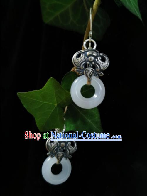 Chinese Handmade Qing Dynasty White Jade Ring Ring Earrings Traditional Hanfu Ear Jewelry Accessories Classical Court Silver Carving Bat Eardrop for Women