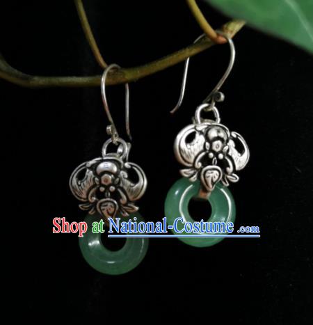 Chinese Handmade Qing Dynasty Green Jade Ring Ring Earrings Traditional Hanfu Ear Jewelry Accessories Classical Court Silver Carving Bat Eardrop for Women