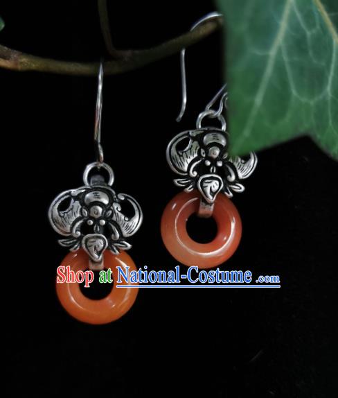 Chinese Handmade Qing Dynasty Red Jade Ring Ring Earrings Traditional Hanfu Ear Jewelry Accessories Classical Court Silver Carving Bat Eardrop for Women