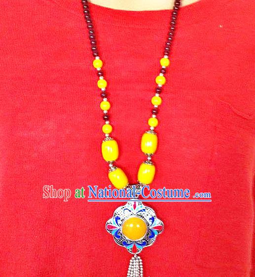 Chinese Handmade Zang Nationality Yellow Beads Necklet Decoration Traditional Tibetan Ethnic Necklace Folk Dance Cloisonne Accessories for Women