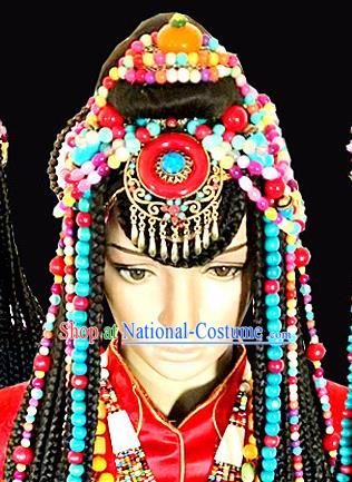 Chinese Traditional Tibetan Nationality Colorful Beads Hair Clasp Decoration Handmade Zang Ethnic Headdress Bride Tassel Hair Accessories for Women