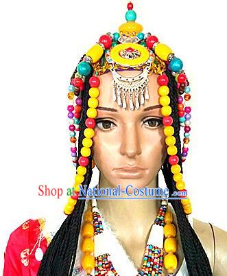 Chinese Traditional Tibetan Nationality Bride Hair Clasp Decoration Handmade Zang Ethnic Headdress Stage Show Tassel Frontlet Hair Accessories for Women