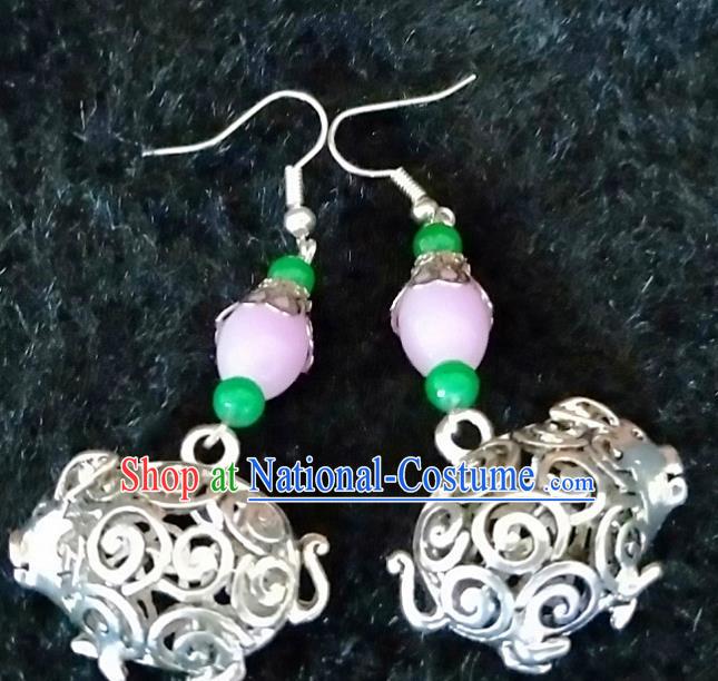 Traditional Chinese Zang Ethnic Carving Pig Earrings Folk Dance Ear Accessories Handmade Tibetan Nationality Eardrop for Women