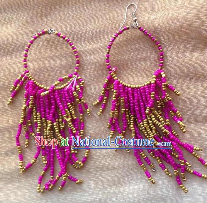 Traditional Chinese Zang Ethnic Purple Beads Tassel Earrings Folk Dance Ear Accessories Handmade Tibetan Nationality Eardrop for Women