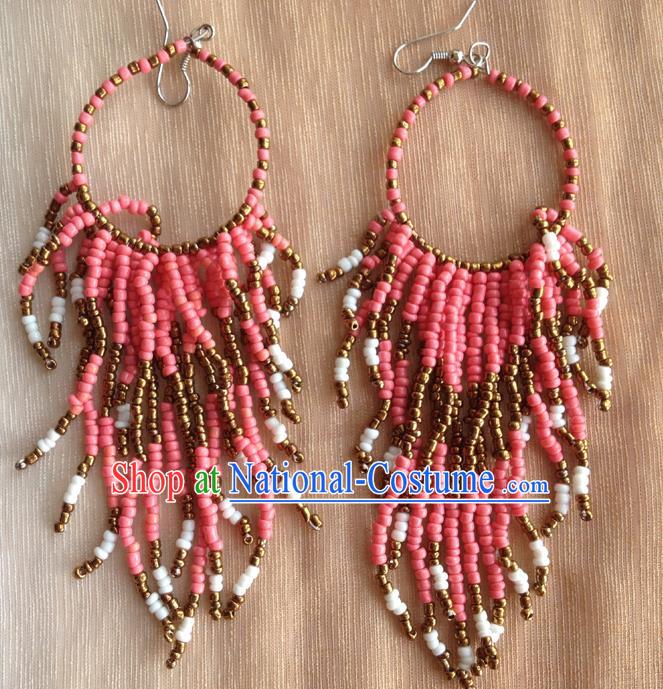 Traditional Chinese Zang Ethnic Pink Beads Tassel Earrings Folk Dance Ear Accessories Handmade Tibetan Nationality Eardrop for Women