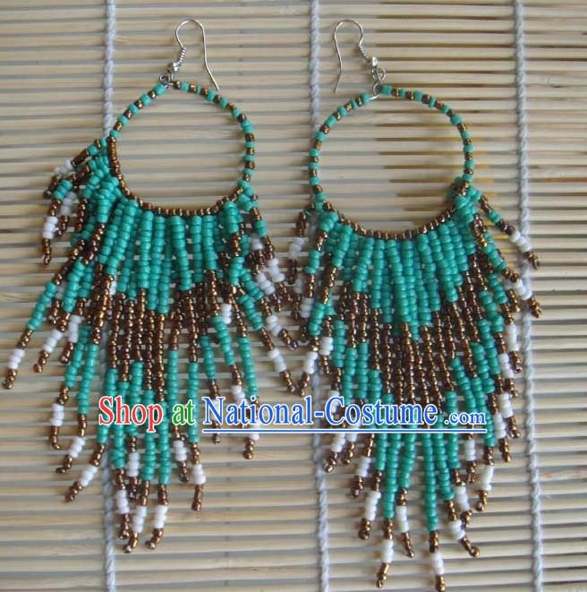 Traditional Chinese Zang Ethnic Green Beads Tassel Earrings Folk Dance Ear Accessories Handmade Tibetan Nationality Eardrop for Women