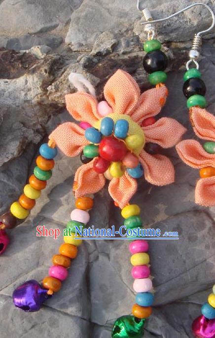 Traditional Chinese Zang Ethnic Orange Flower Earrings Folk Dance Ear Accessories Handmade Tibetan Nationality Colorful Beads Tassel Eardrop for Women