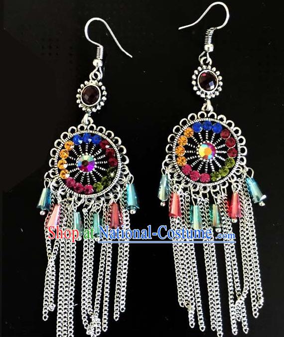 Traditional Chinese Zang Ethnic Colorful Sequins Earrings Folk Dance Ear Accessories Handmade Tibetan Nationality Tassel Eardrop for Women