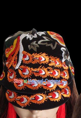 Chinese Traditional Folk Dance Hat Decoration Handmade Ethnic Peacock Dance Headdress Stage Show Embroidered Black Cap for Women