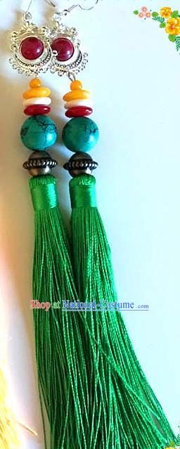 Traditional Chinese Zang Ethnic Folk Dance Green Tassel Earrings Exaggerate Ear Accessories Handmade Tibetan Nationality Stage Show Eardrop for Women