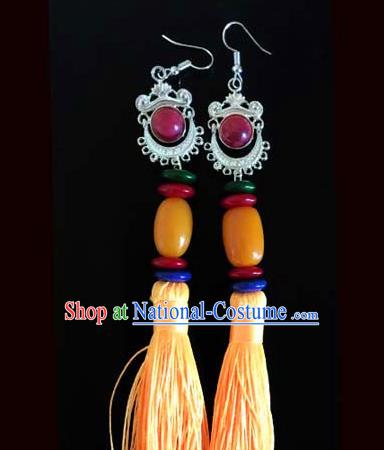 Traditional Chinese Zang Ethnic Folk Dance Yellow Tassel Earrings Exaggerate Ear Accessories Handmade Tibetan Nationality Stage Show Eardrop for Women