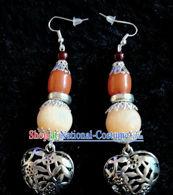 Traditional Chinese Zang Ethnic Silver Carving Earrings Exaggerate Ear Accessories Handmade Tibetan Nationality Stage Show Eardrop for Women