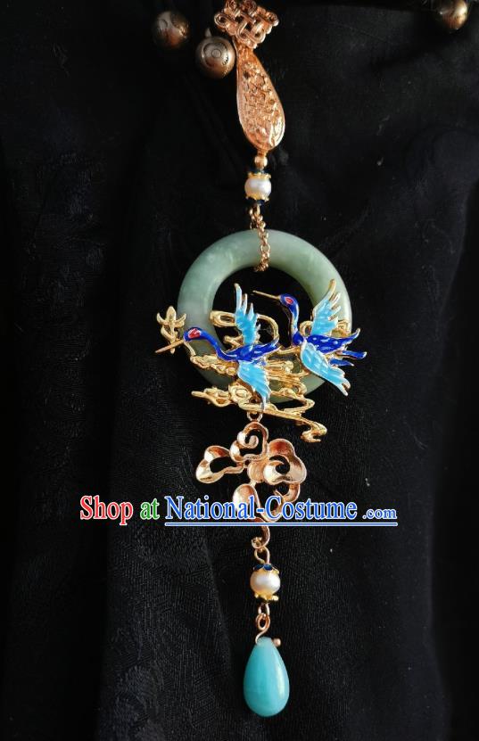 Chinese Classical Cloisonne Cranes Brooch Traditional Hanfu Cheongsam Accessories Handmade Jade Ring Tassel Breastpin Pendant for Women