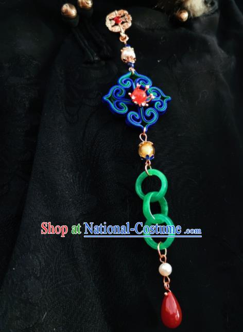 Chinese Classical Blue Silk Brooch Traditional Hanfu Cheongsam Accessories Handmade Jade Rings Tassel Breastpin Pendant for Women