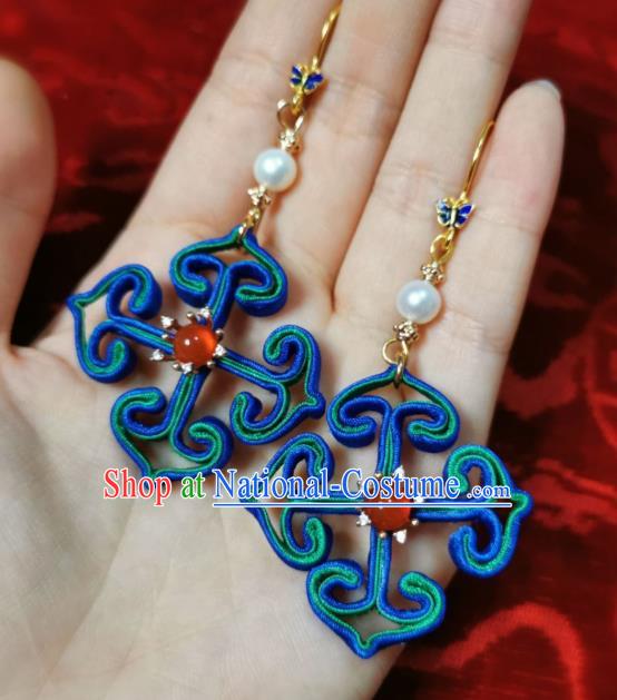 Chinese Handmade Qing Dynasty Silk Earrings Traditional Hanfu Ear Jewelry Accessories Classical Agate Eardrop for Women