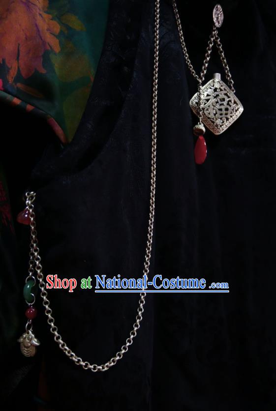 Chinese Classical Cupronickel Carving Brooch Traditional Hanfu Cheongsam Accessories Handmade Jade Tassel Breastpin Pendant for Women