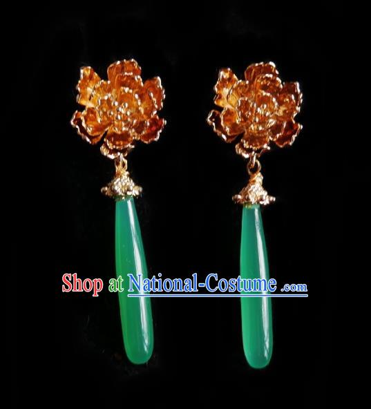 Chinese Handmade Qing Dynasty Brass Peony Earrings Traditional Hanfu Ear Jewelry Accessories Classical Court Jade Eardrop for Women