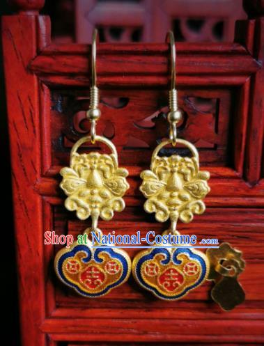 Chinese Handmade Qing Dynasty Blueing Lock Earrings Traditional Hanfu Ear Jewelry Accessories Classical Court Silver Eardrop for Women