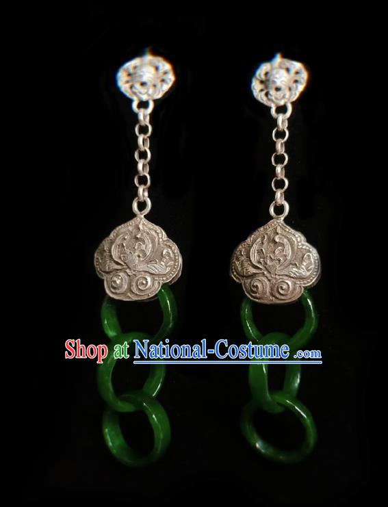 Chinese Handmade Court Jade Rings Earrings Traditional Hanfu Ear Jewelry Accessories Classical Silver Carving Eardrop for Women